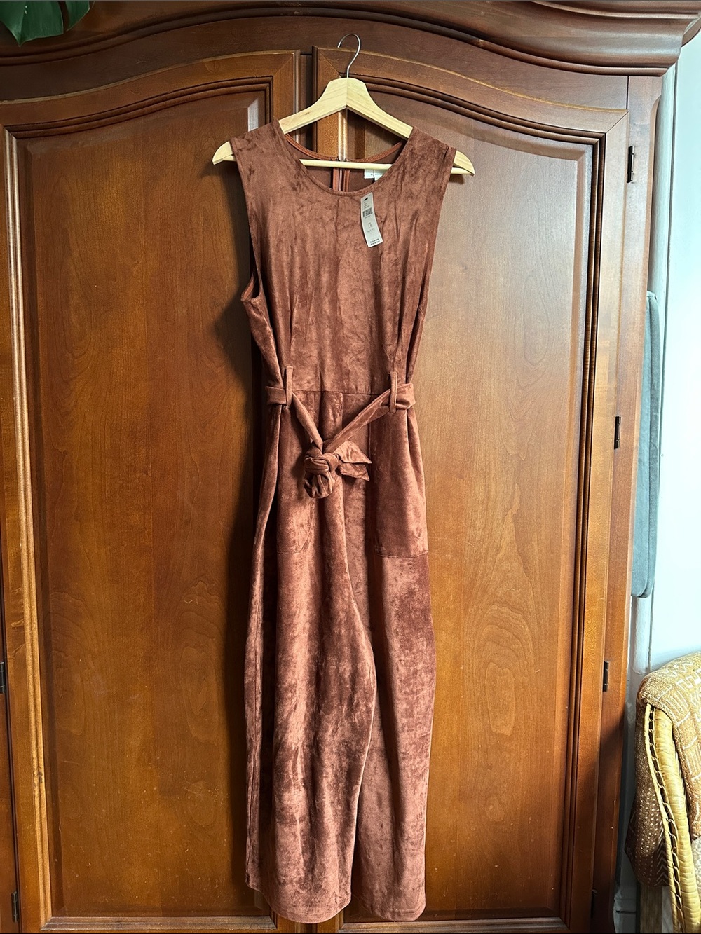 Anthropologie Suede-Look Rust Jumpsuit with Tie Waist